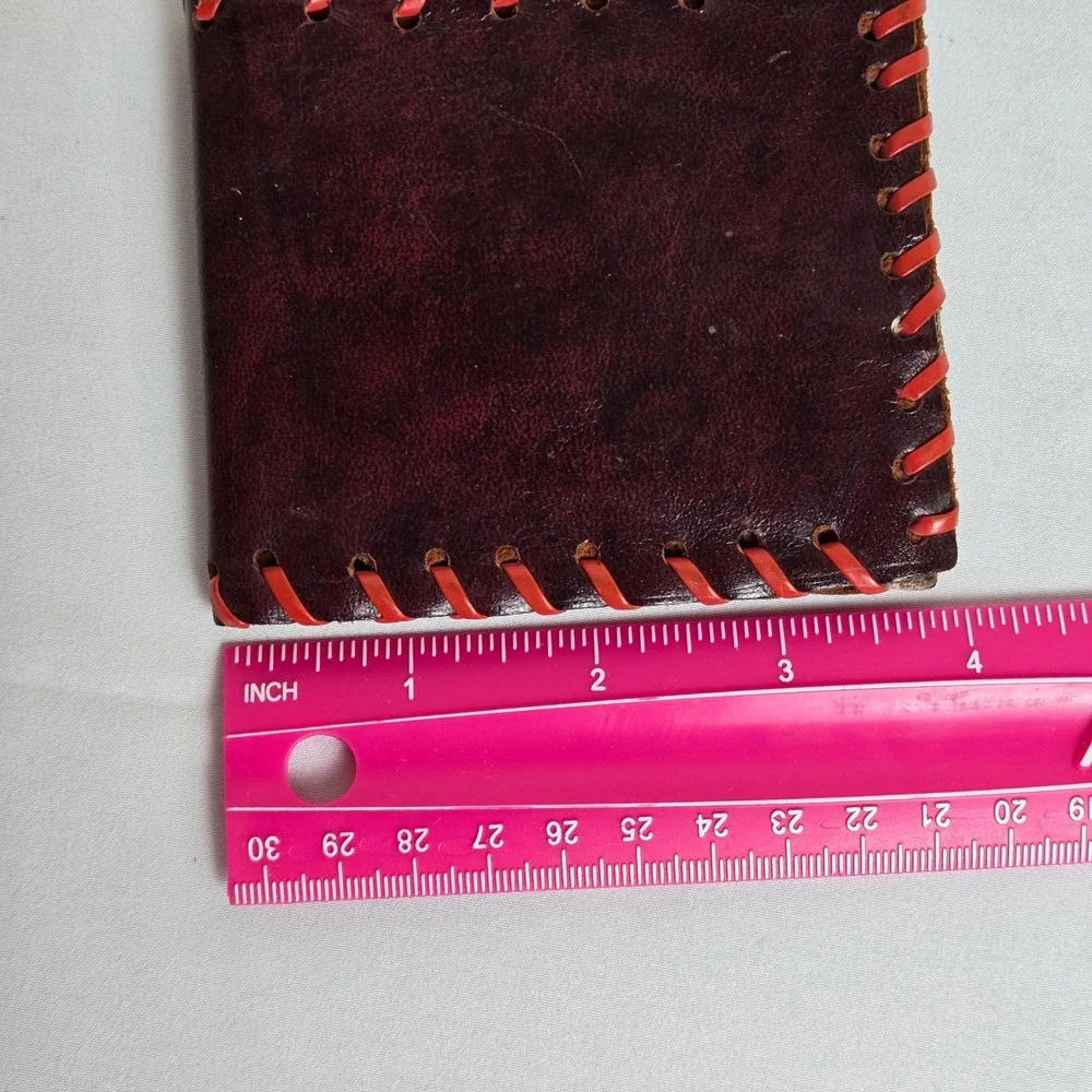 Handmade Bifold Leather Wallet Burgundy Red Contrast Stitching Rustic Primitive‎
